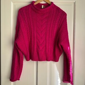Pilcro / Anthropologie Roll Neck Slight Crop cable Knit Sweater Hot Pink XS EUC